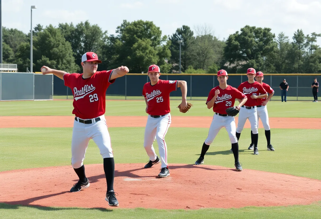 WVU baseball team practicing pitching drills on the field