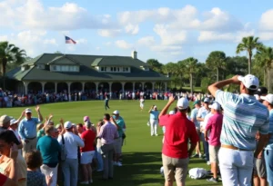 A lively shot from the Arnold Palmer Invitational featuring golfers and spectators on the golf course