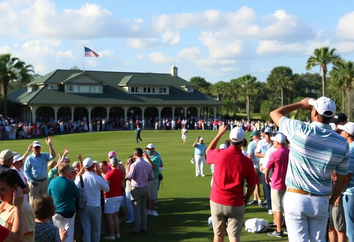 A lively shot from the Arnold Palmer Invitational featuring golfers and spectators on the golf course