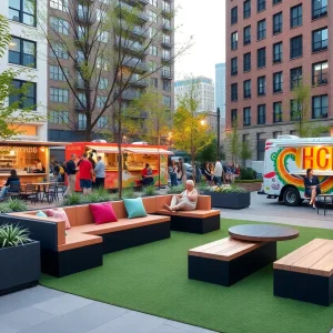 Concept design of Art² pocket park in Orlando with food vendors and seating areas