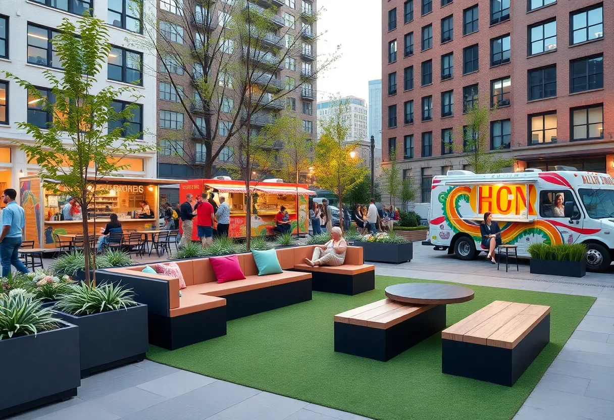 Concept design of Art² pocket park in Orlando with food vendors and seating areas
