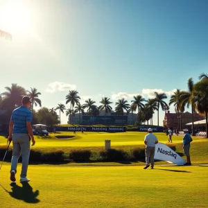 Aureus Greenway Holdings golf event with Nasdaq banner in background