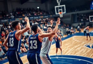 Basketball players in action during a game