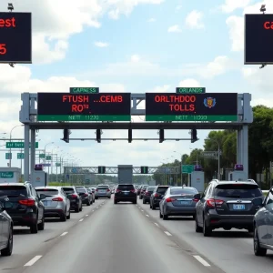 Electronic toll booths on SR 417 in Orlando with vehicles passing through.