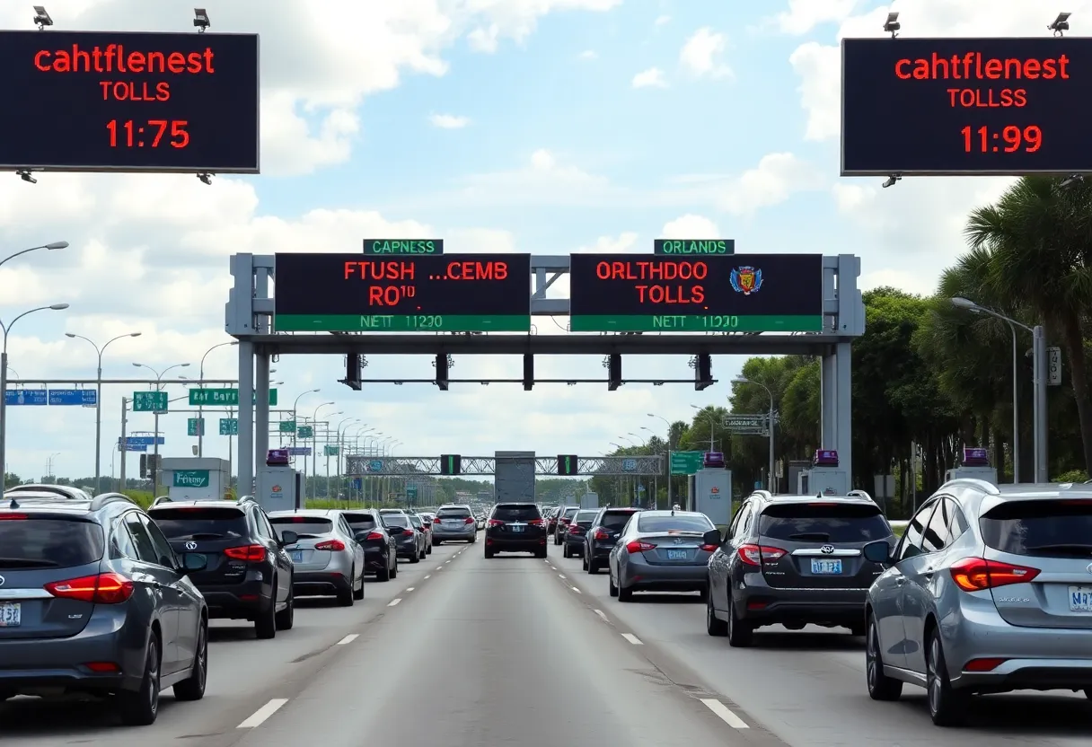Electronic toll booths on SR 417 in Orlando with vehicles passing through.