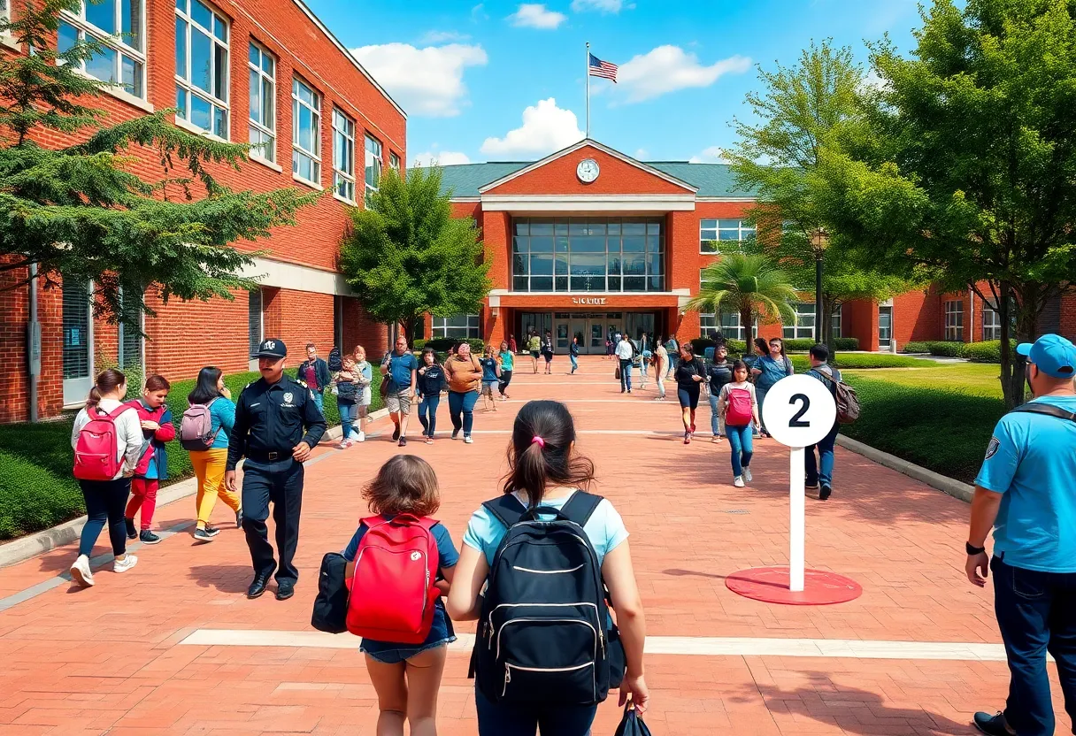 Students and security personnel at a school campus in Central Florida.