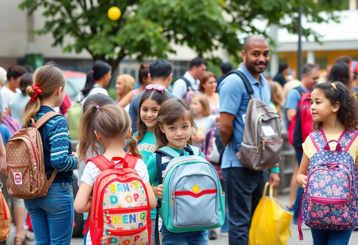 Families enjoying back to school event with activities and supplies