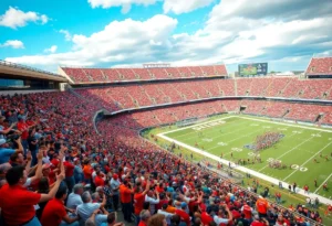 A college football stadium during a media day with fans and team banners.