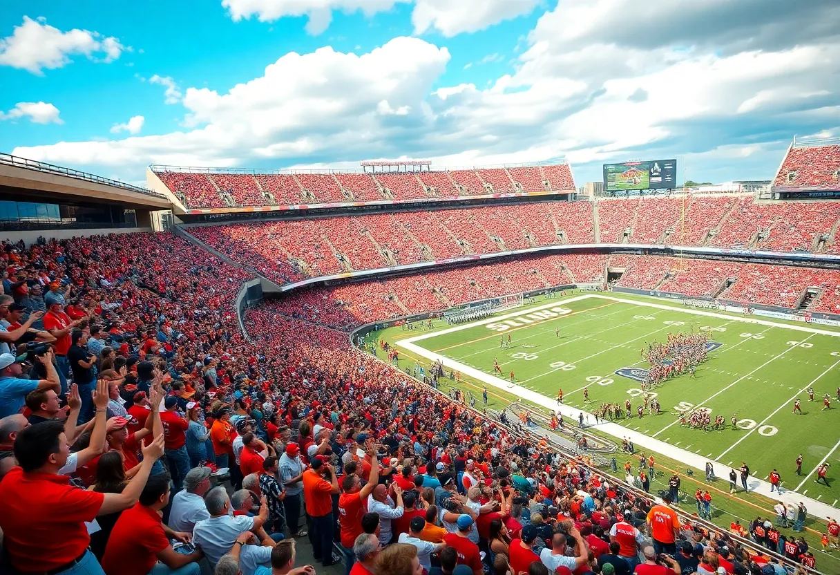 A college football stadium during a media day with fans and team banners.