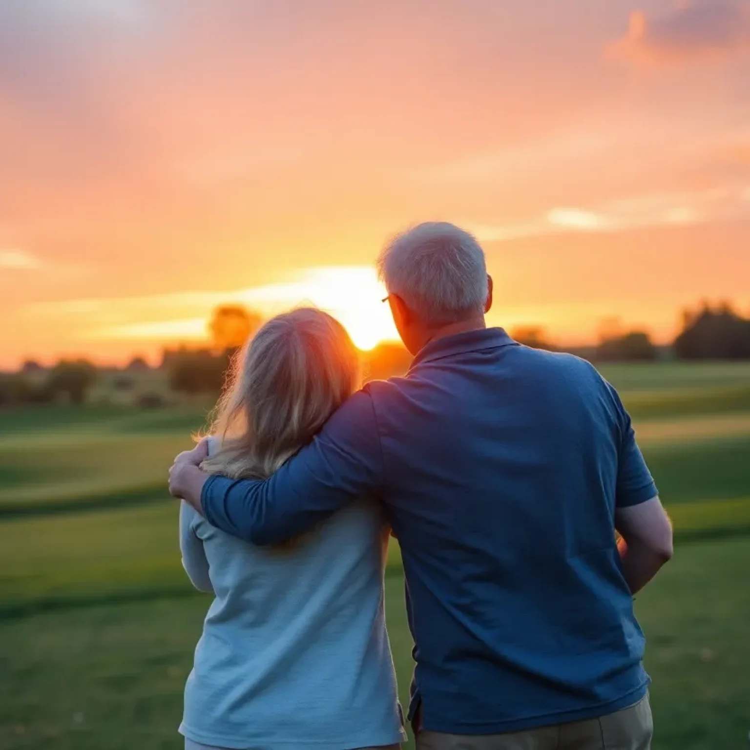 A couple on a golf course at sunset