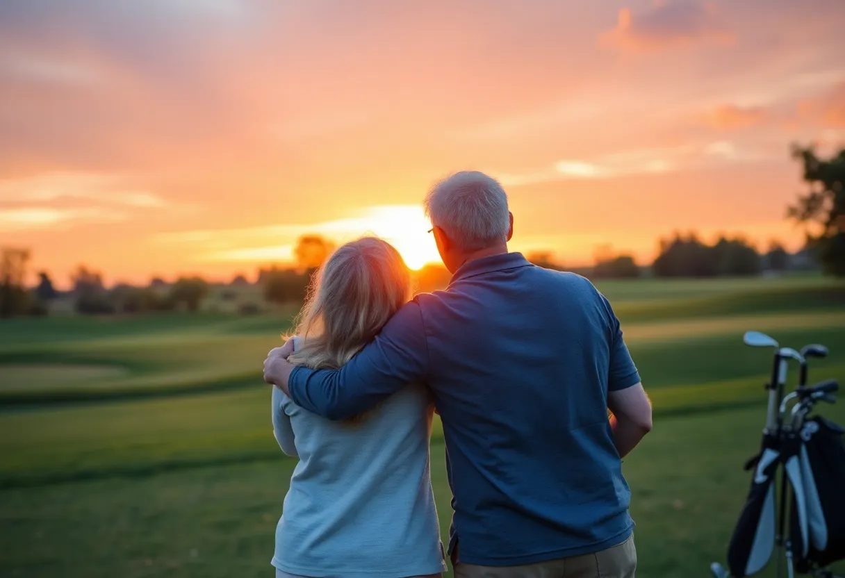 A couple on a golf course at sunset