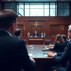 Courtroom session regarding financial misconduct investigation