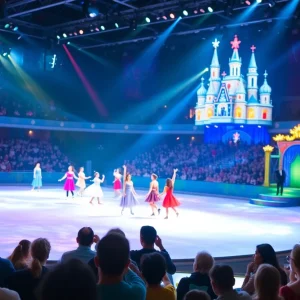 A colorful Disney On Ice performance featuring skaters dressed as beloved characters.