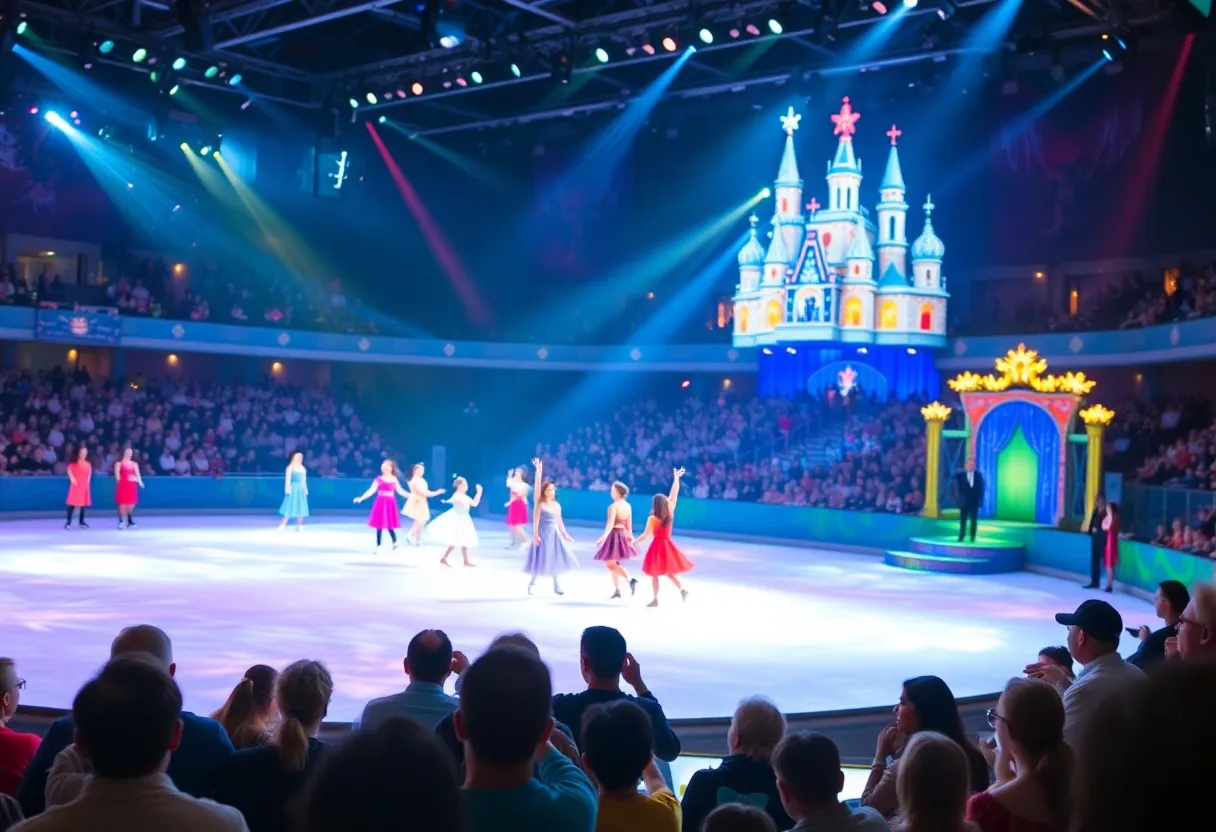 A colorful Disney On Ice performance featuring skaters dressed as beloved characters.