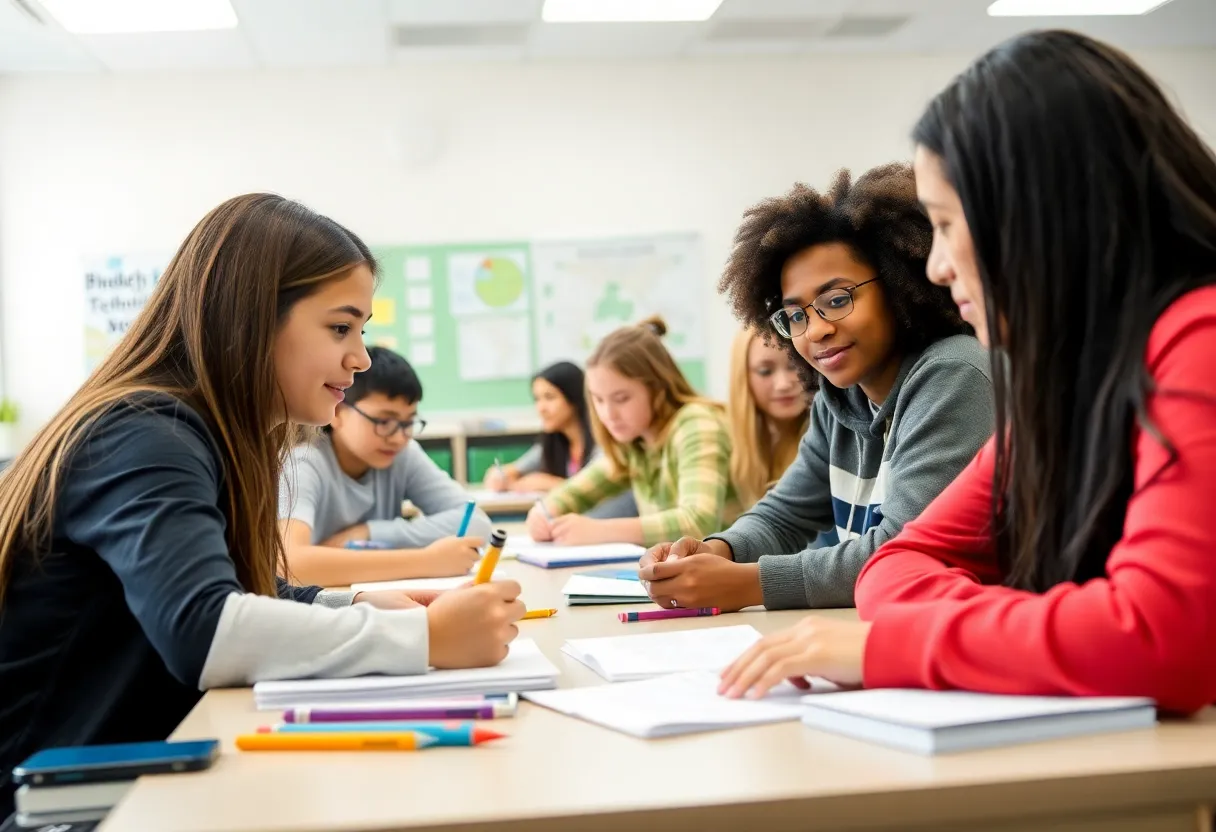 Students collaborating in a vibrant classroom atmosphere