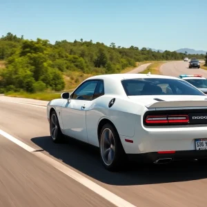 A white Dodge Challenger speeding on a highway with police presence.