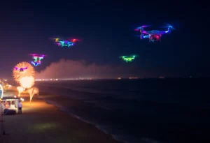 Drone light show over Florida beach during night.