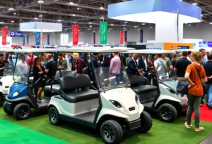 Electric golf carts on display at the 2025 PGA Show in Orlando