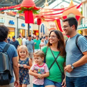 Families enjoying their vacation in Orlando with various attractions in view.
