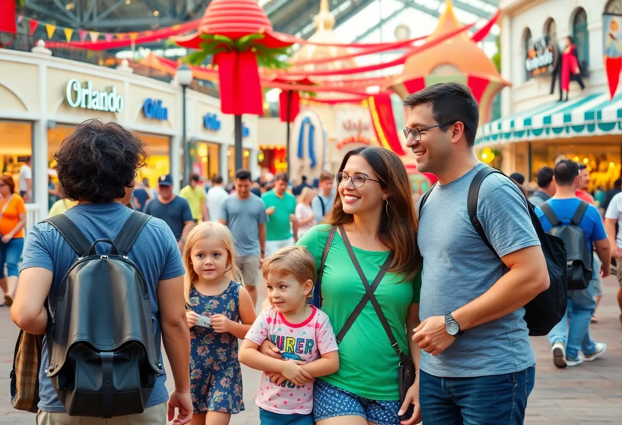 Families enjoying their vacation in Orlando with various attractions in view.