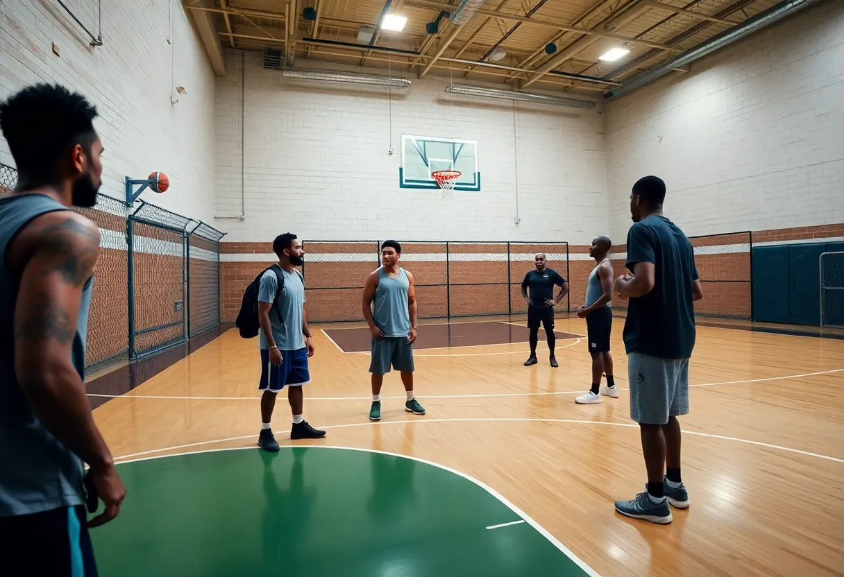 Young men participating in a basketball program in Rikers Island, representing hope and mentorship.