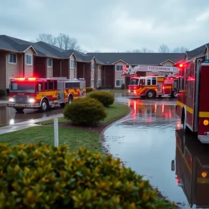 Flooded area outside Kinneret Apartments with emergency services present.