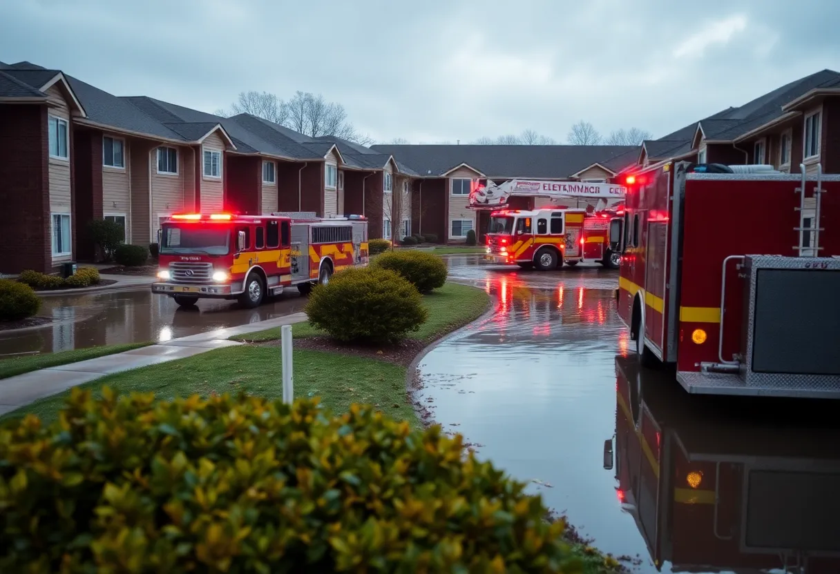 Flooded area outside Kinneret Apartments with emergency services present.