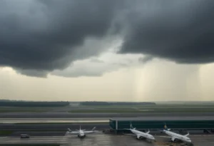 Aerial view of an airport with thunderstorms causing ground stop.
