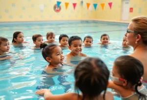 Children participating in free swimming lessons at the YMCA