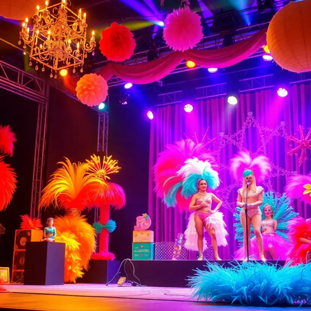 A colorful drag performance stage setup for 'Hokus Pokus Live!'