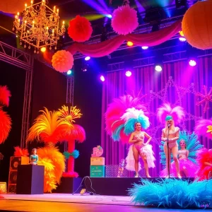 A colorful drag performance stage setup for 'Hokus Pokus Live!'