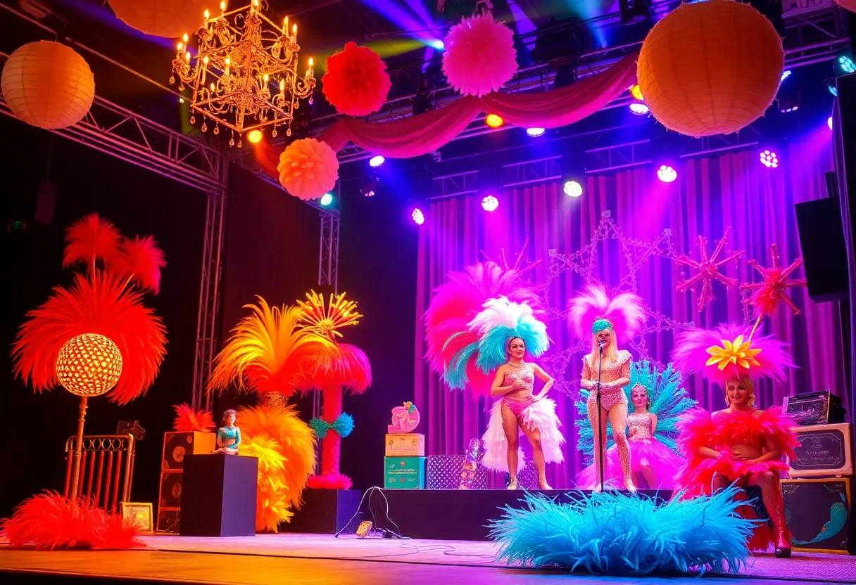 A colorful drag performance stage setup for 'Hokus Pokus Live!'
