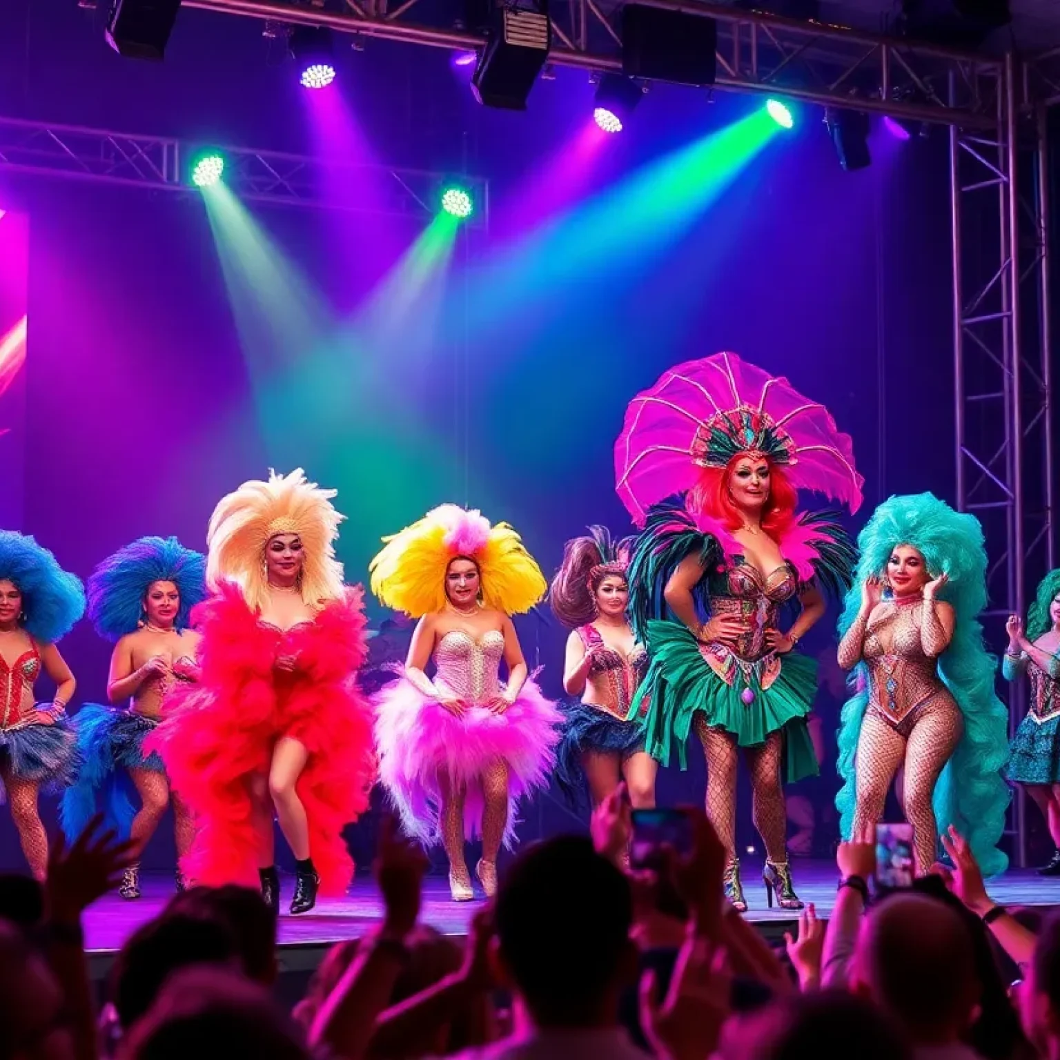 Drag queens performing on stage during a celebration