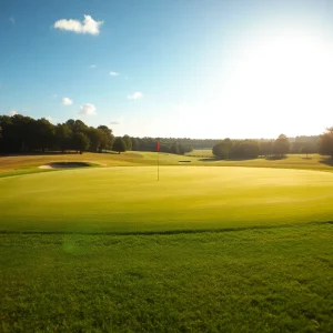 Scenic view of a golf course with bright blue skies