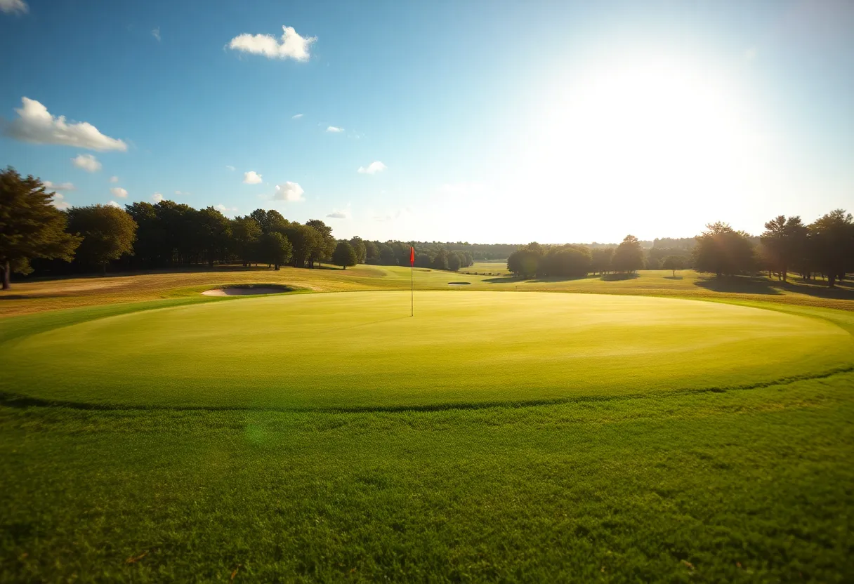 Scenic view of a golf course with bright blue skies