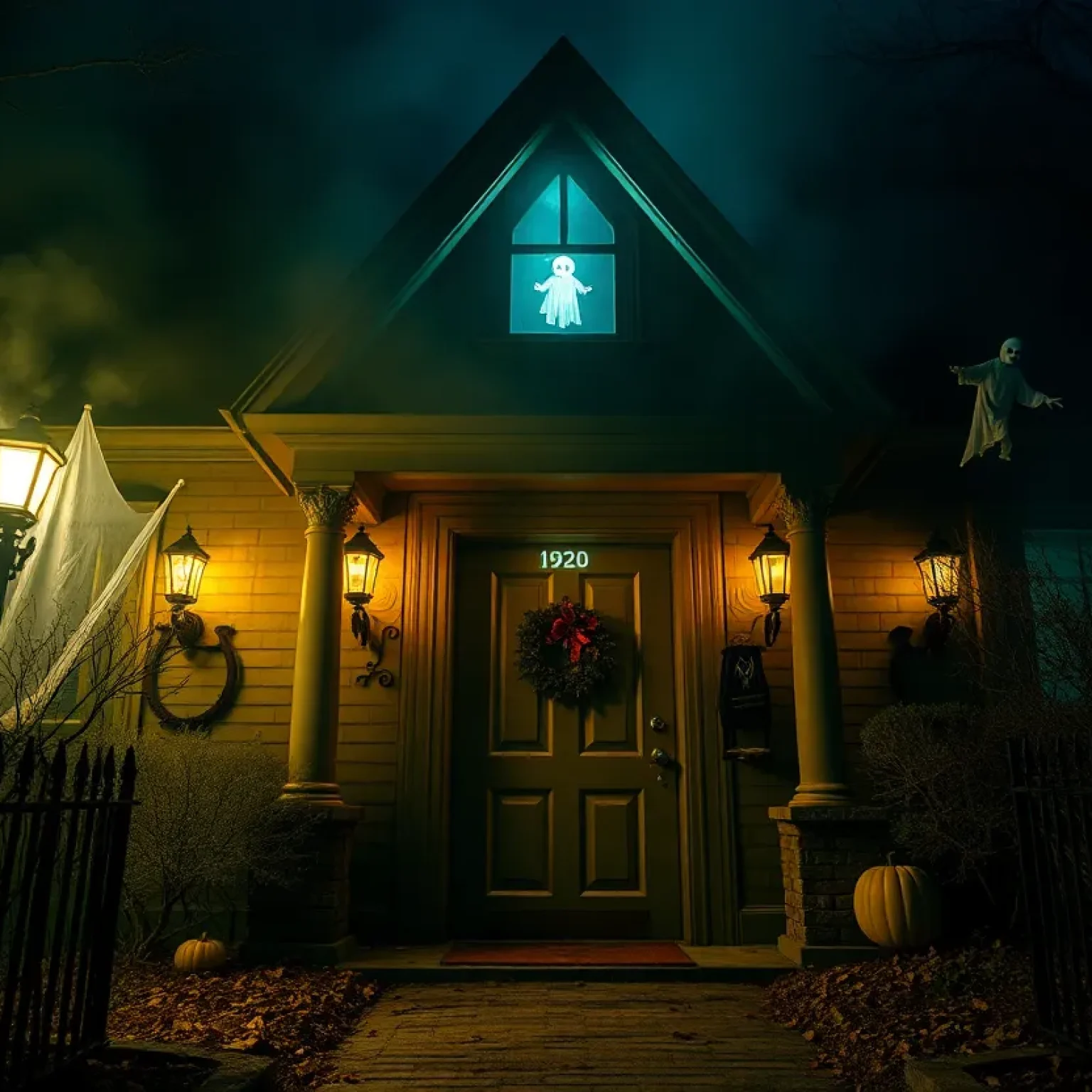 Entrance to a haunted house featuring Halloween themes