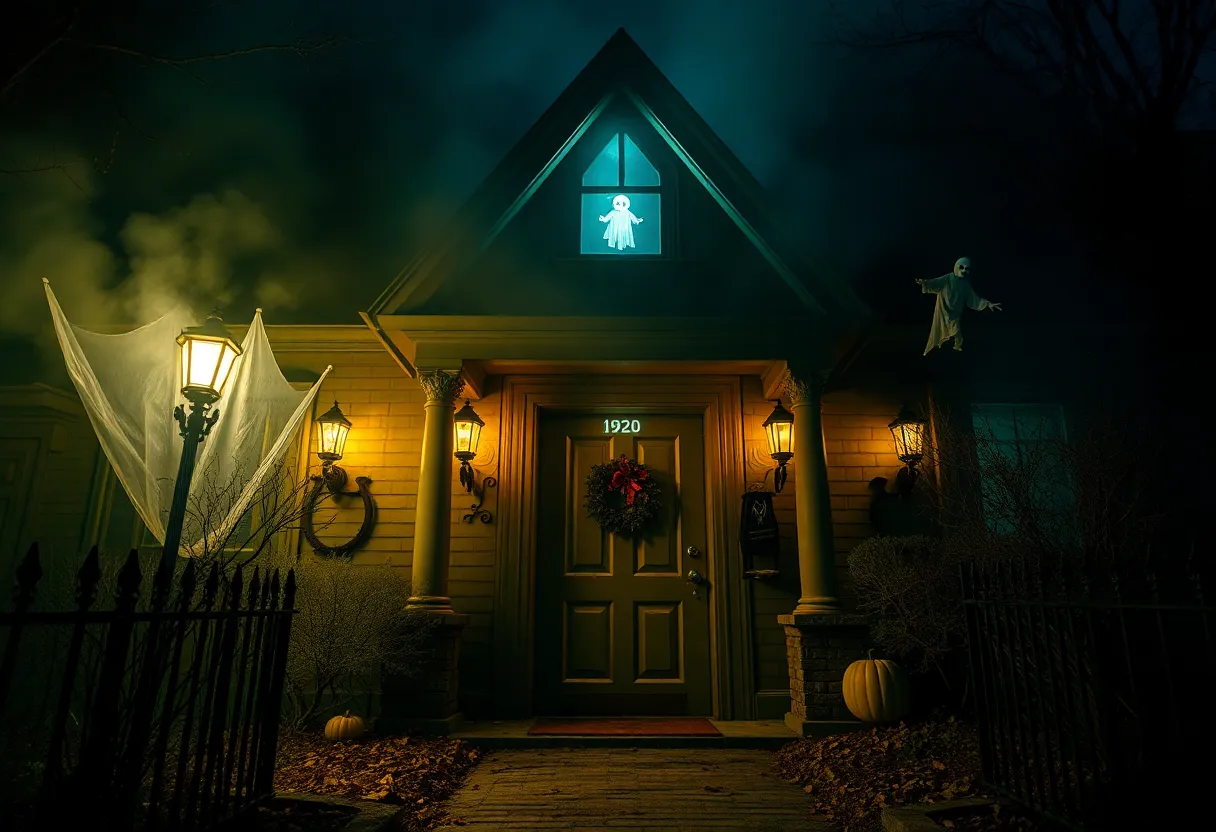 Entrance to a haunted house featuring Halloween themes