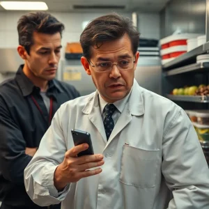Inspector analyzing health violations in a restaurant kitchen
