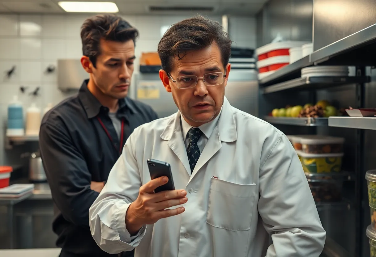 Inspector analyzing health violations in a restaurant kitchen
