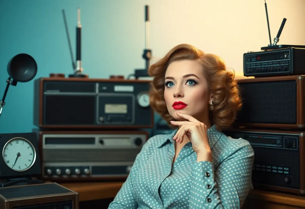 A representation of a vintage actress alongside radio technology.