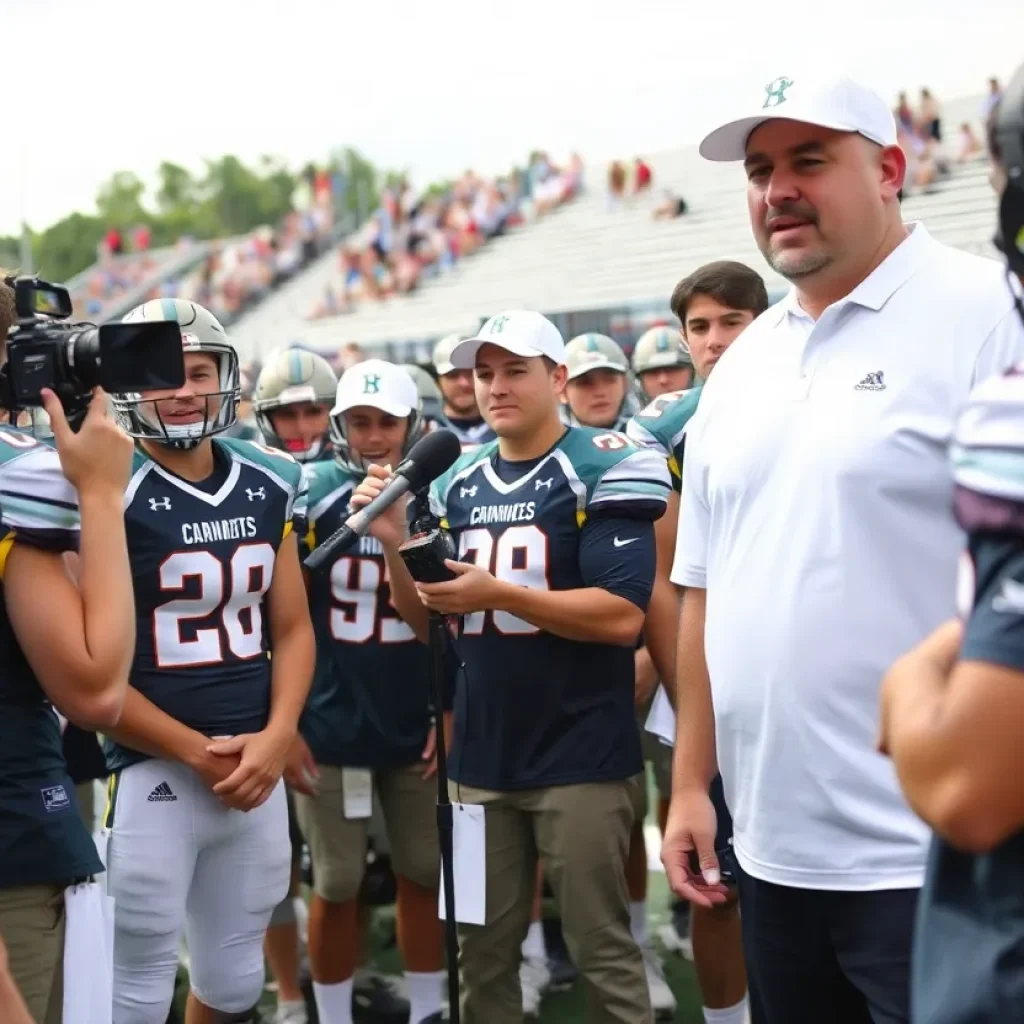 Players and coaches at a high school football media day event