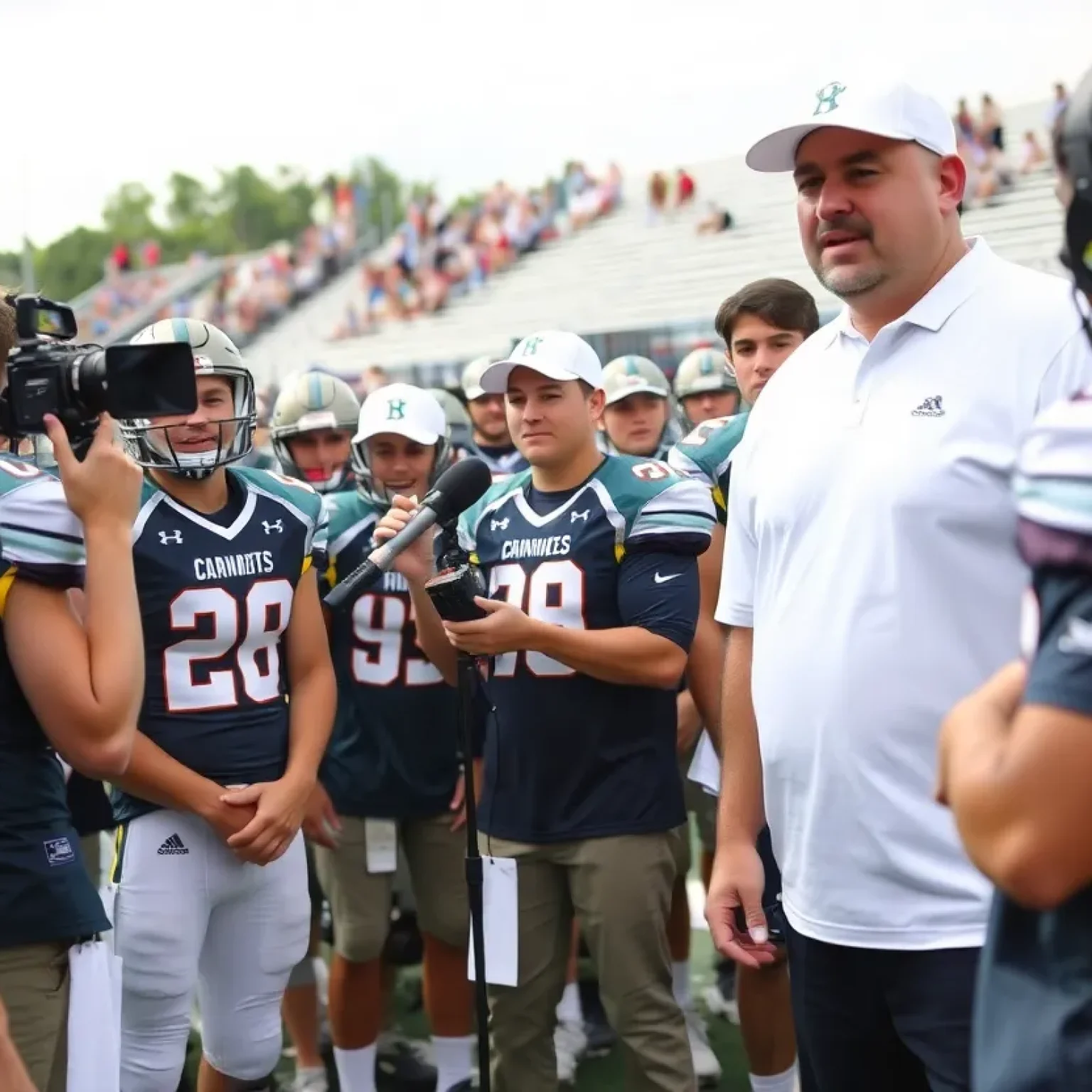 Players and coaches at a high school football media day event