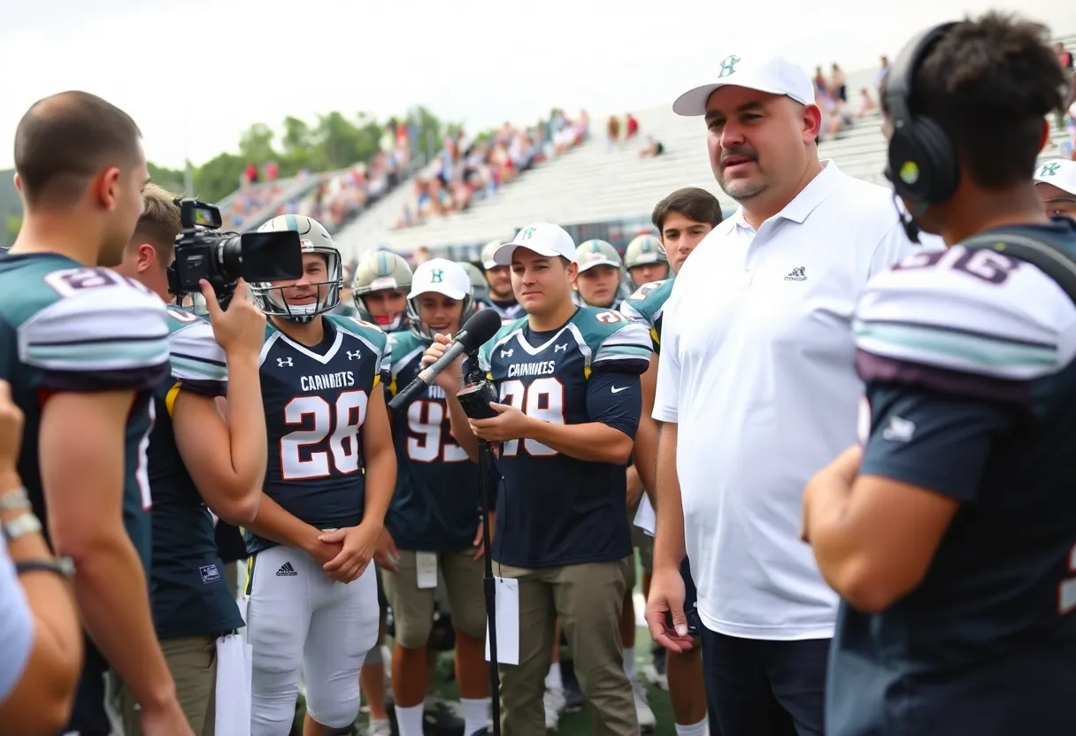 Players and coaches at a high school football media day event