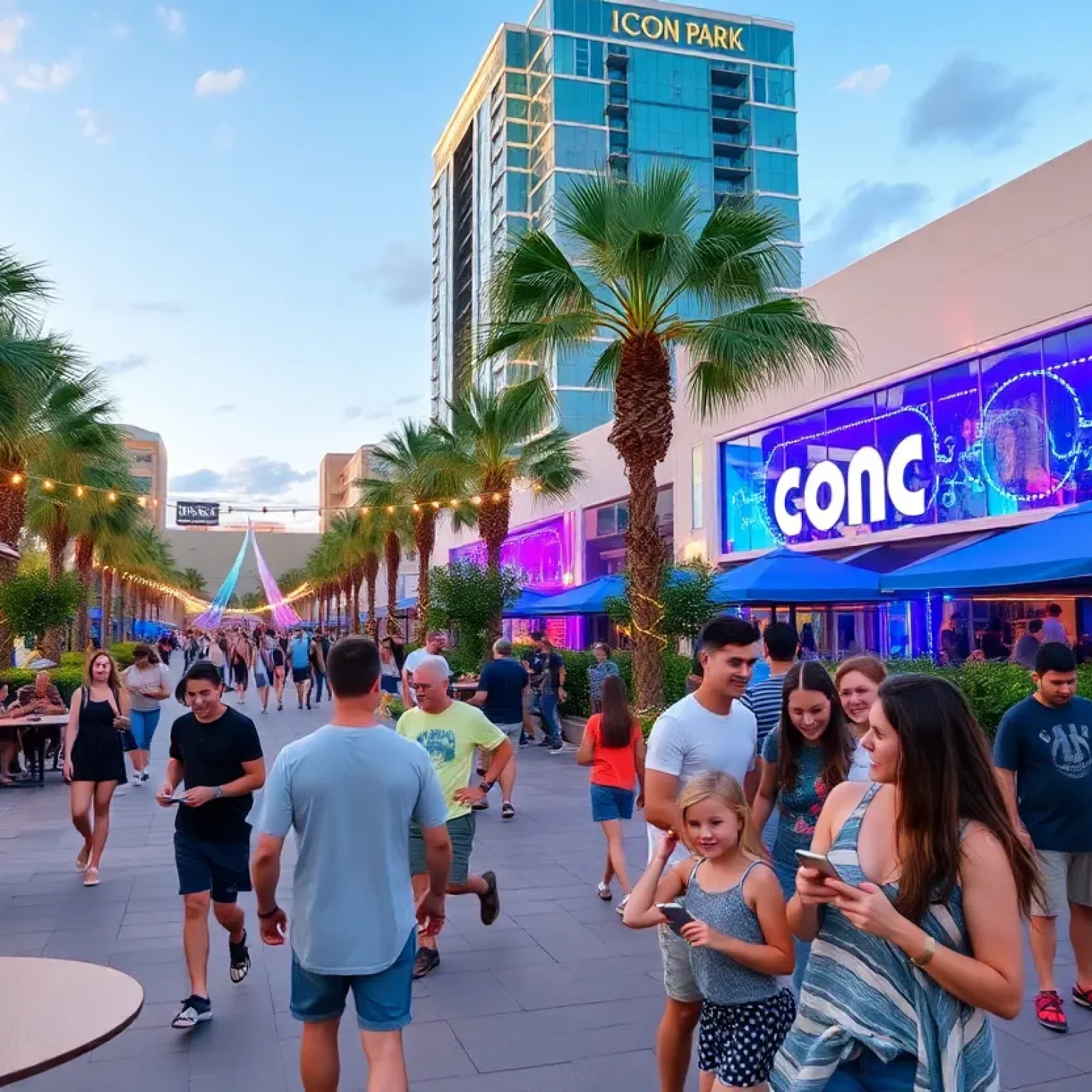 Visitors enjoying summer activities at ICON Park in Orlando