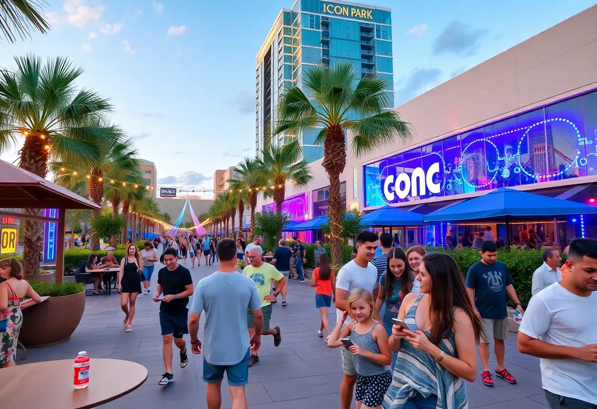 Visitors enjoying summer activities at ICON Park in Orlando