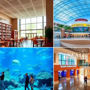 A variety of indoor attractions in Central Florida, including libraries and aquariums.