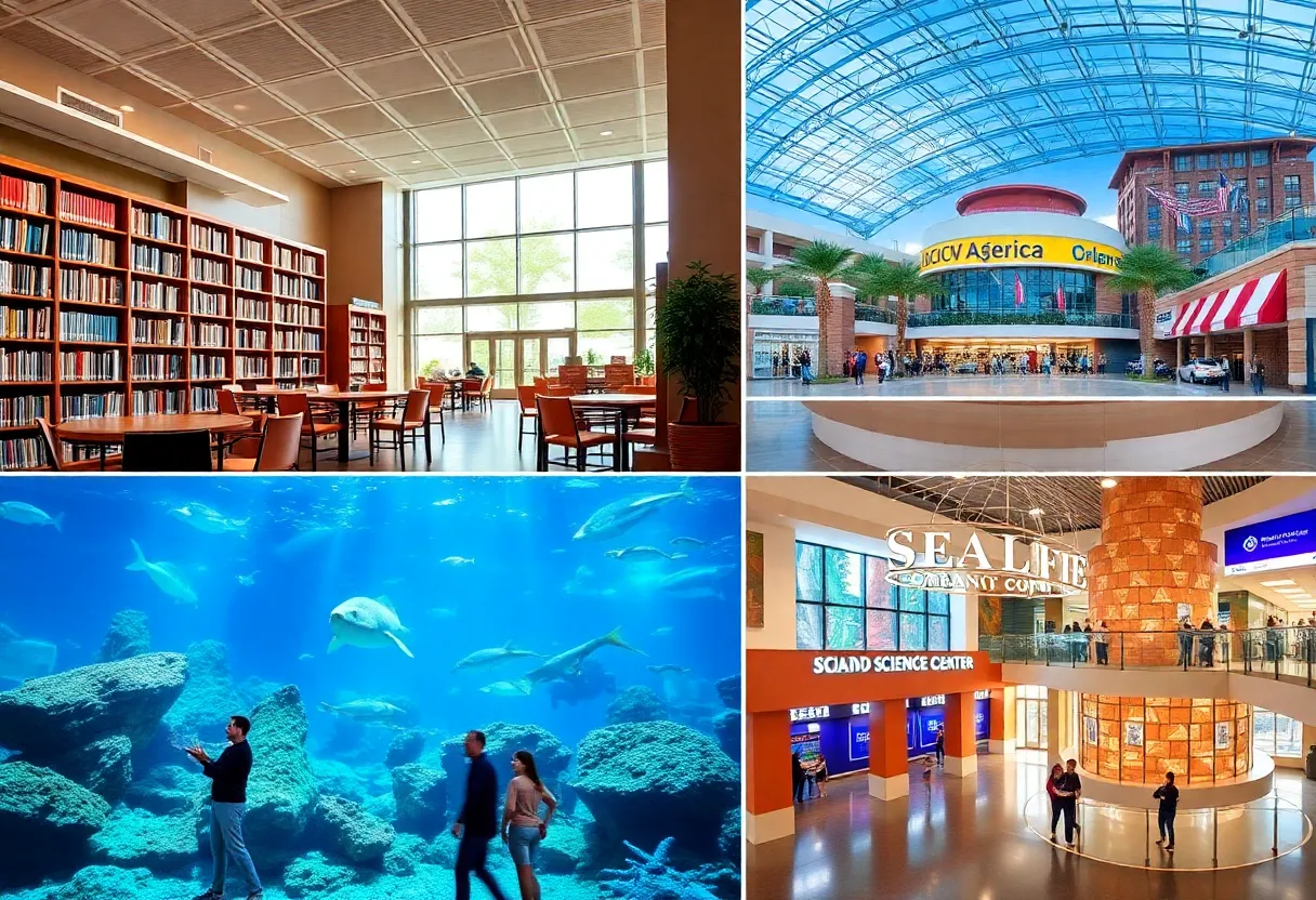 A variety of indoor attractions in Central Florida, including libraries and aquariums.
