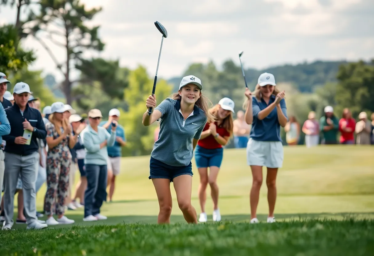 Young female golfer celebrating a victory at a championship