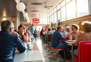 Interior view of Johnny's Diner with customers enjoying meals