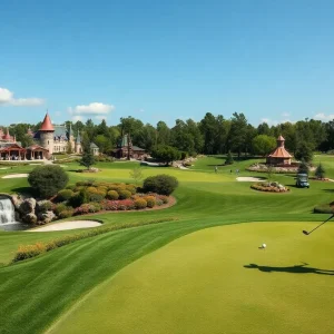 A picturesque view of Disney's Magnolia Golf Course, featuring colorful landscapes and Disney-themed golf holes.